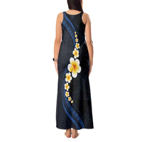 Pacific Hibiscus and Plumeria with Tapa Pattern Tank Maxi Dress Dark Blue Color