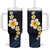 Pacific Hibiscus and Plumeria with Tapa Pattern Tumbler With Handle Dark Blue Color