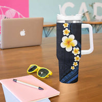 Pacific Hibiscus and Plumeria with Tapa Pattern Tumbler With Handle Dark Blue Color