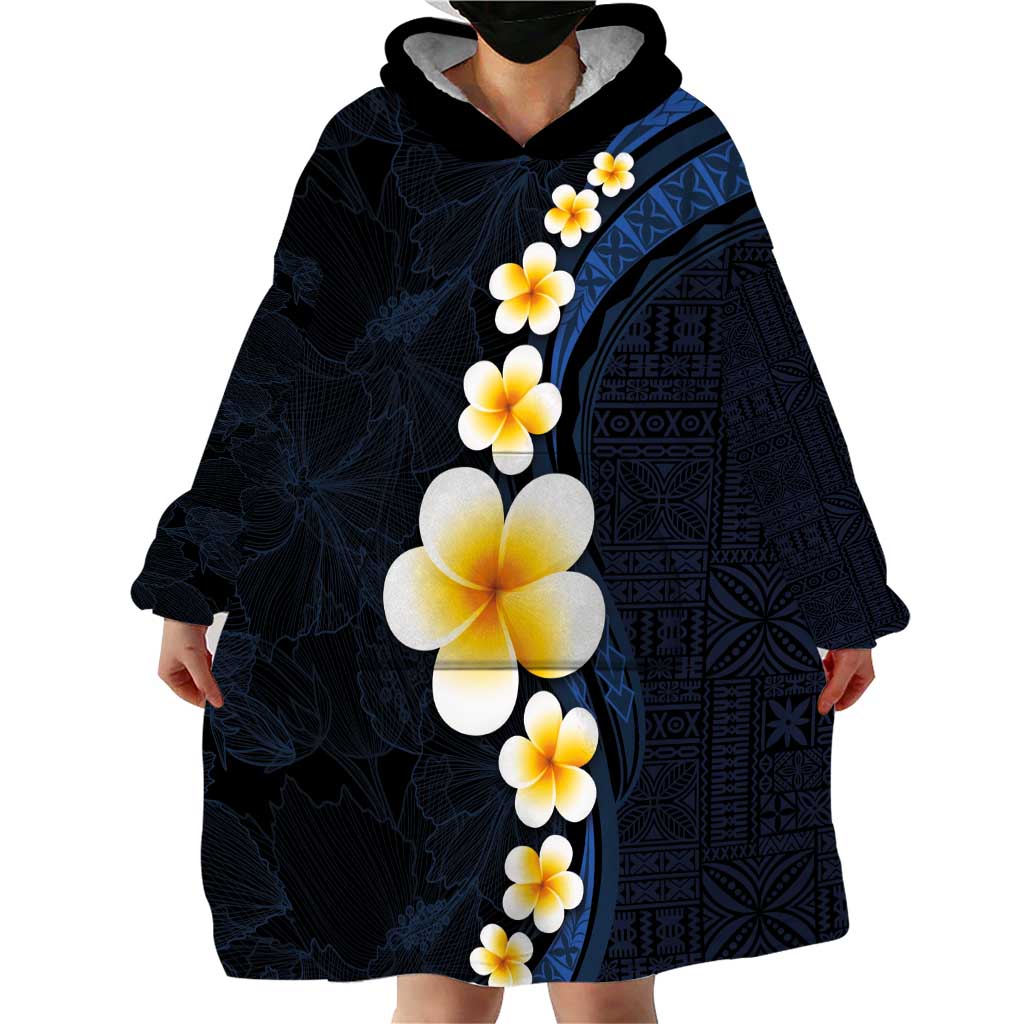 Pacific Hibiscus and Plumeria with Tapa Pattern Wearable Blanket Hoodie Dark Blue Color