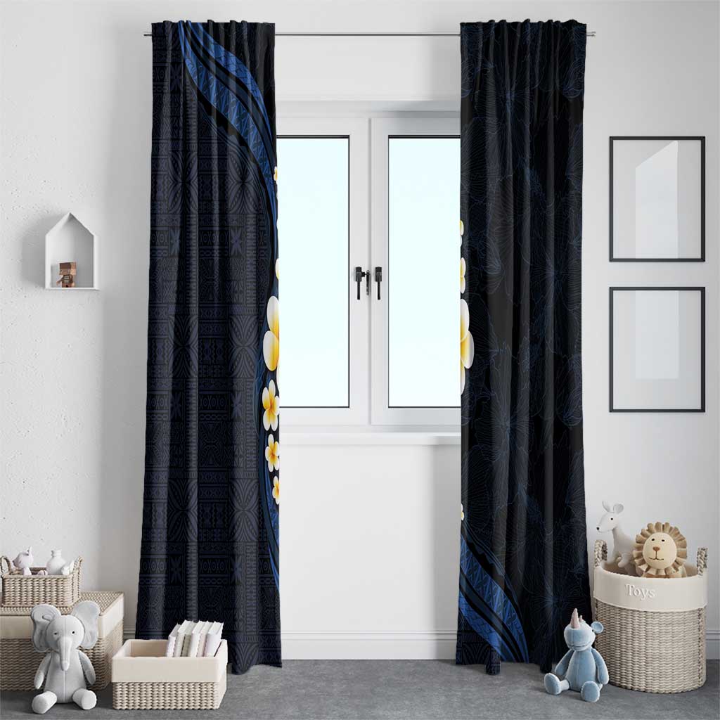 Pacific Hibiscus and Plumeria with Tapa Pattern Window Curtain Dark Blue Color