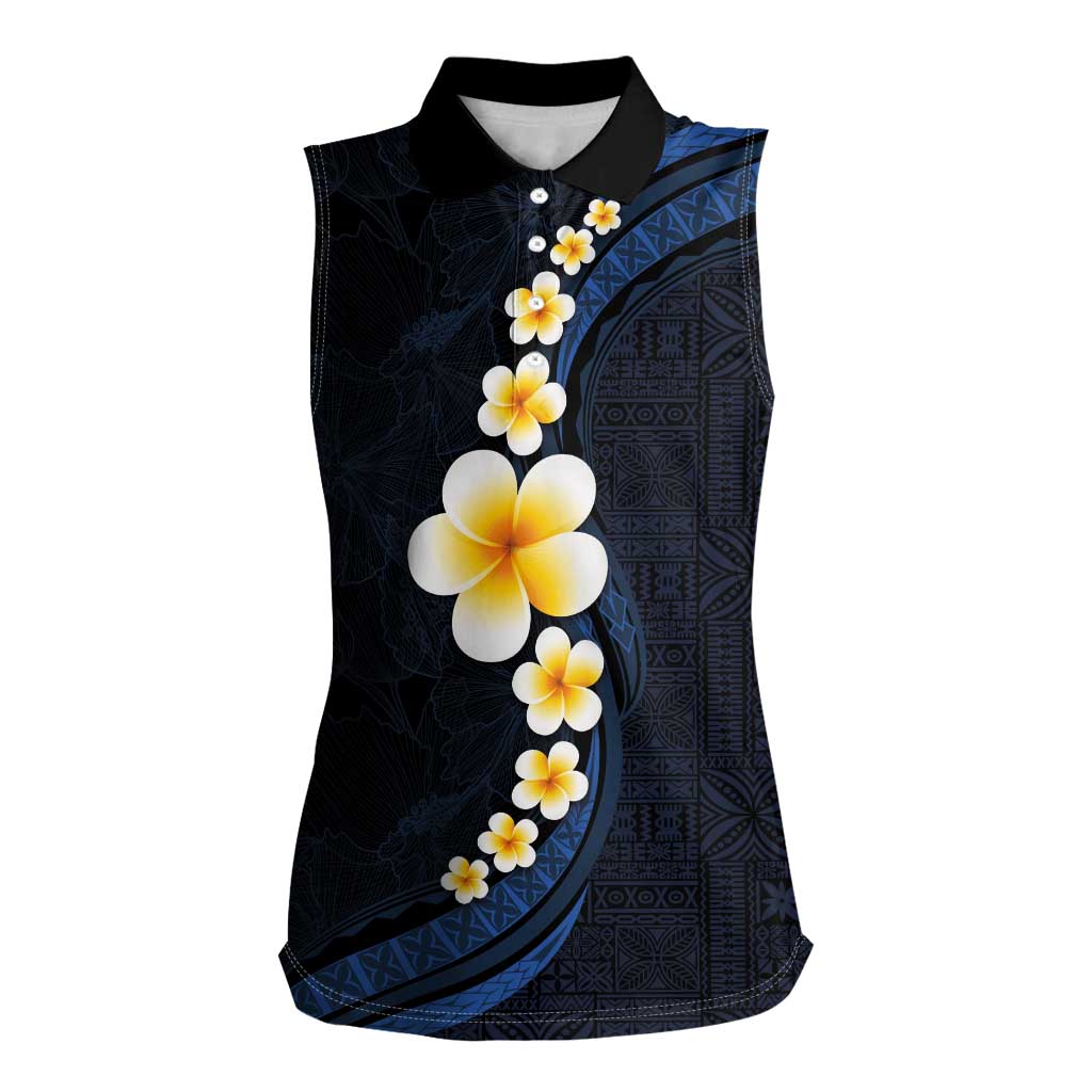 Pacific Hibiscus and Plumeria with Tapa Pattern Women Sleeveless Polo Shirt Dark Blue Color