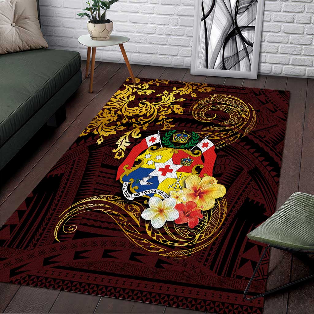 Tonga Ngatu and Hibiscus with Polynesian Tattoo Area Rug Gold and Oxblood Color