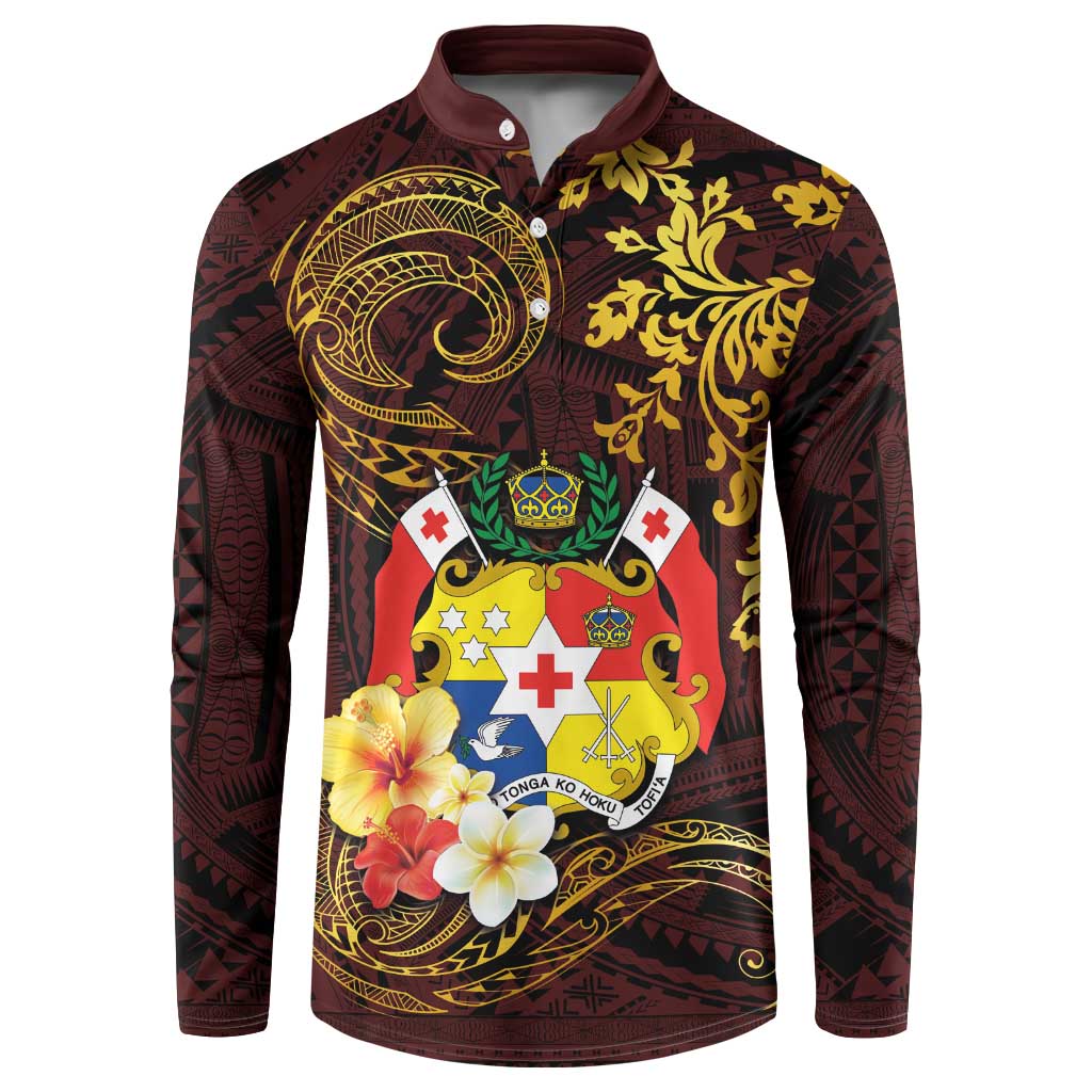 Tonga Ngatu and Hibiscus with Polynesian Tattoo Button Sweatshirt Gold and Oxblood Color