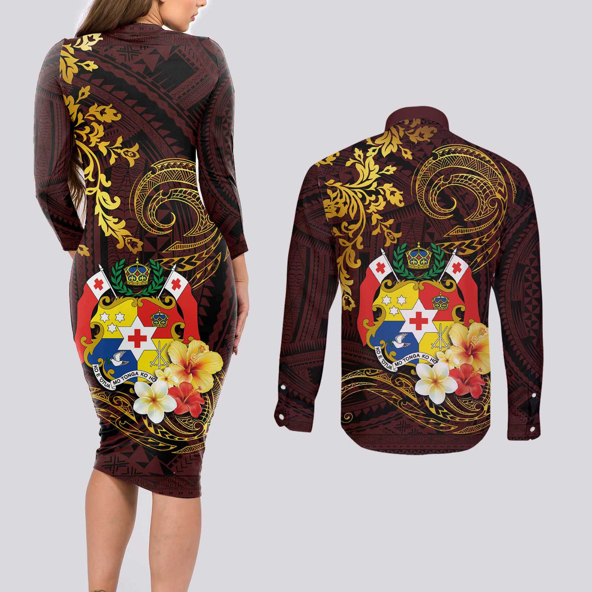 Tonga Ngatu and Hibiscus with Polynesian Tattoo Couples Matching Long Sleeve Bodycon Dress and Long Sleeve Button Shirt Gold and Oxblood Color LT03 - Polynesian Pride