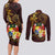 Tonga Ngatu and Hibiscus with Polynesian Tattoo Couples Matching Long Sleeve Bodycon Dress and Long Sleeve Button Shirt Gold and Oxblood Color