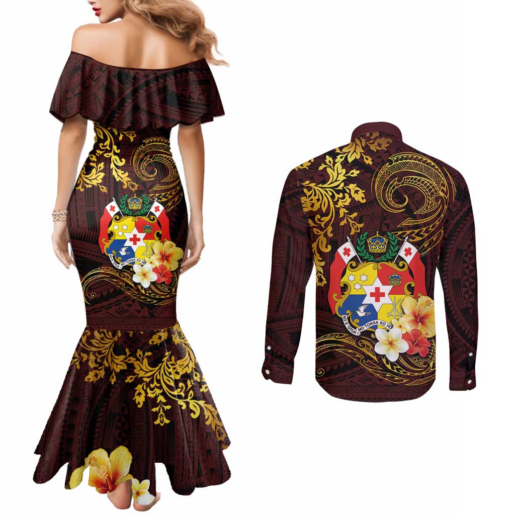 Tonga Ngatu and Hibiscus with Polynesian Tattoo Couples Matching Mermaid Dress and Long Sleeve Button Shirt Gold and Oxblood Color LT03 - Polynesian Pride