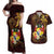 Tonga Ngatu and Hibiscus with Polynesian Tattoo Couples Matching Off Shoulder Maxi Dress and Hawaiian Shirt Gold and Oxblood Color