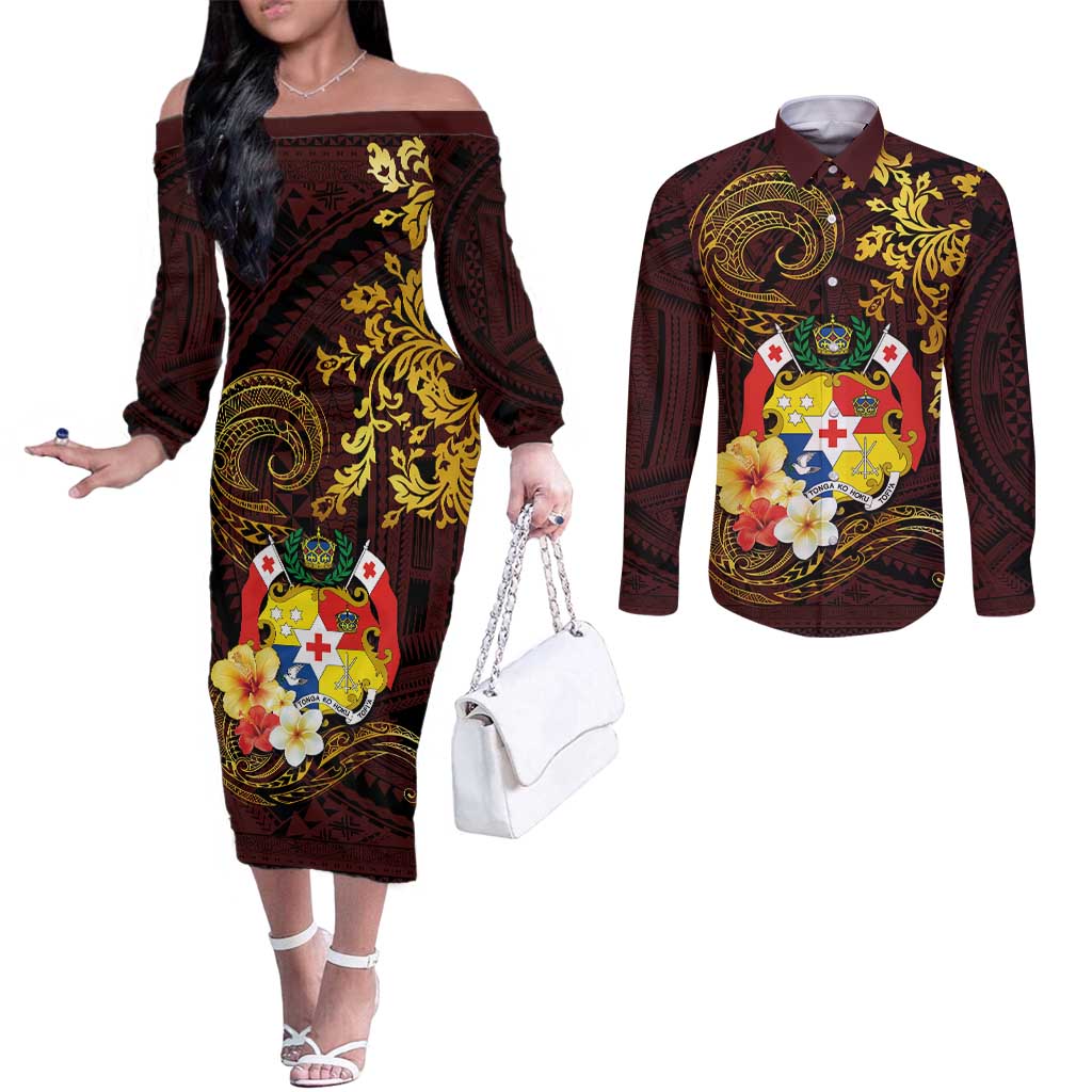 Tonga Ngatu and Hibiscus with Polynesian Tattoo Couples Matching Off The Shoulder Long Sleeve Dress and Long Sleeve Button Shirt Gold and Oxblood Color LT03 Oxblood - Polynesian Pride