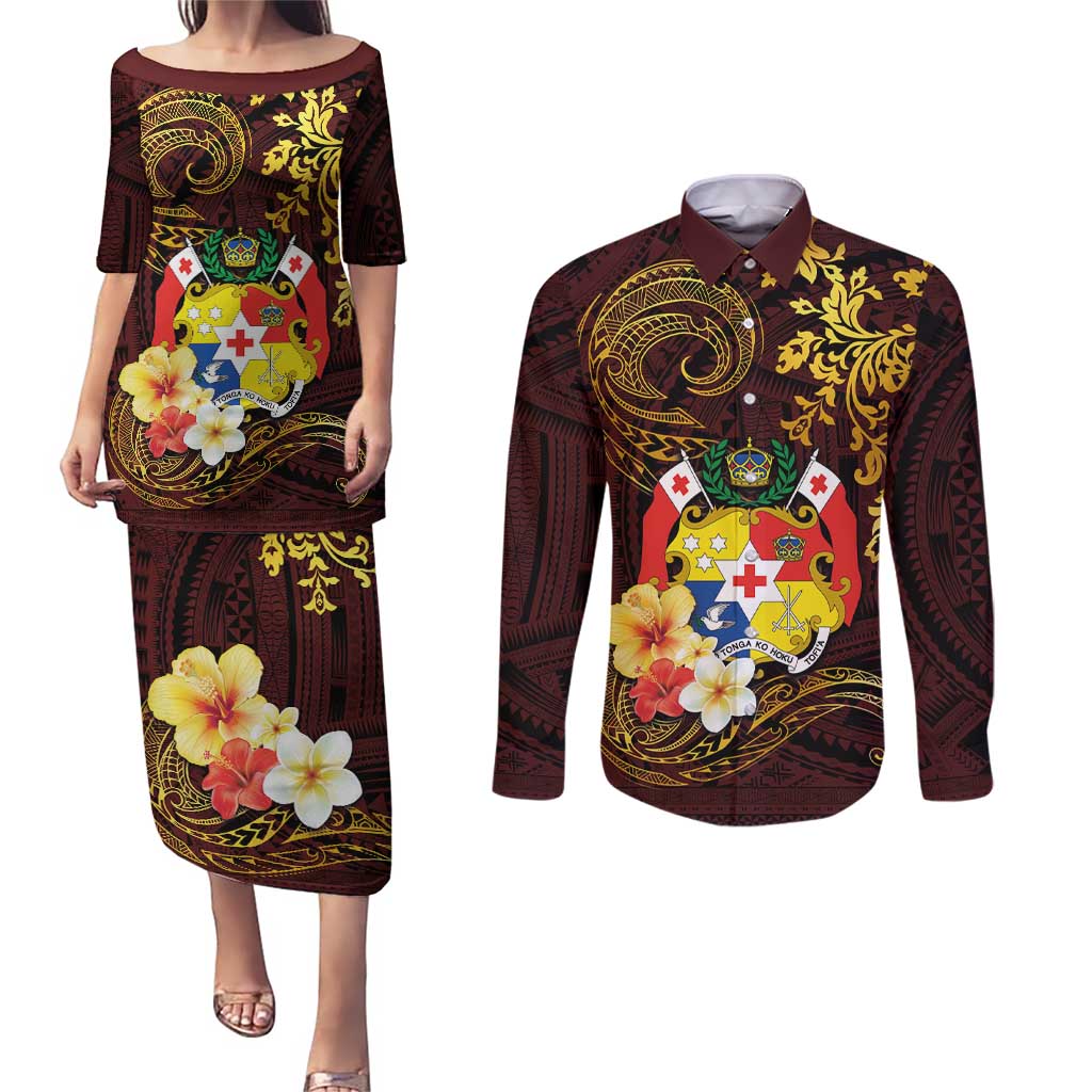 Tonga Ngatu and Hibiscus with Polynesian Tattoo Couples Matching Puletasi and Long Sleeve Button Shirt Gold and Oxblood Color LT03 Oxblood - Polynesian Pride