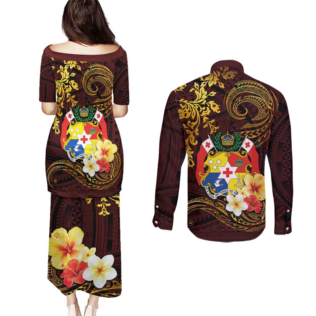 Tonga Ngatu and Hibiscus with Polynesian Tattoo Couples Matching Puletasi and Long Sleeve Button Shirt Gold and Oxblood Color LT03 - Polynesian Pride
