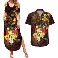 Tonga Ngatu and Hibiscus with Polynesian Tattoo Couples Matching Summer Maxi Dress and Hawaiian Shirt Gold and Oxblood Color LT03 Oxblood - Polynesian Pride