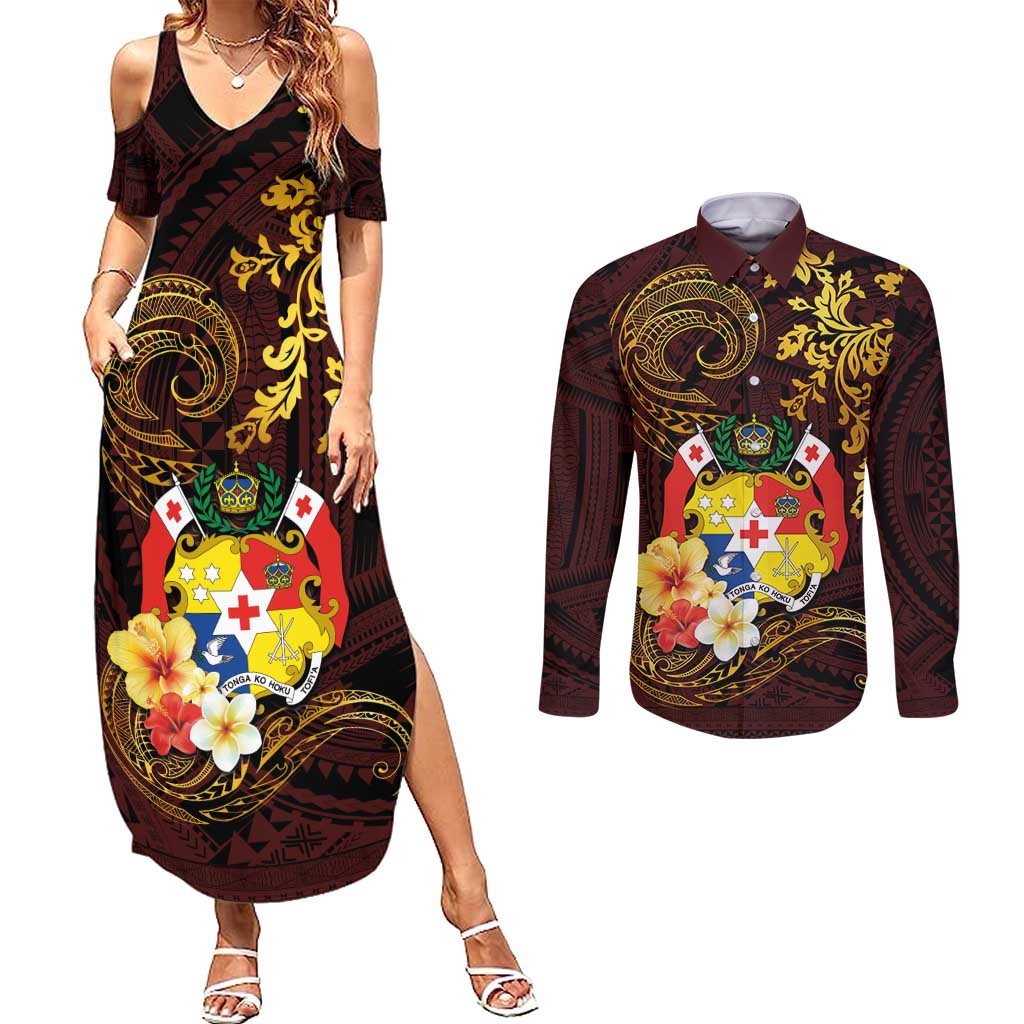 Tonga Ngatu and Hibiscus with Polynesian Tattoo Couples Matching Summer Maxi Dress and Long Sleeve Button Shirt Gold and Oxblood Color