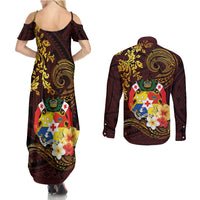 Tonga Ngatu and Hibiscus with Polynesian Tattoo Couples Matching Summer Maxi Dress and Long Sleeve Button Shirt Gold and Oxblood Color LT03 - Polynesian Pride