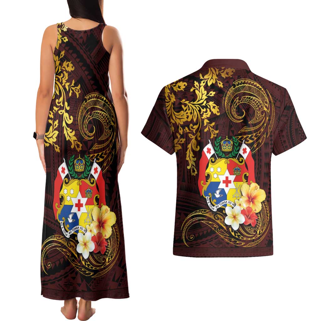 Tonga Ngatu and Hibiscus with Polynesian Tattoo Couples Matching Tank Maxi Dress and Hawaiian Shirt Gold and Oxblood Color LT03 - Polynesian Pride