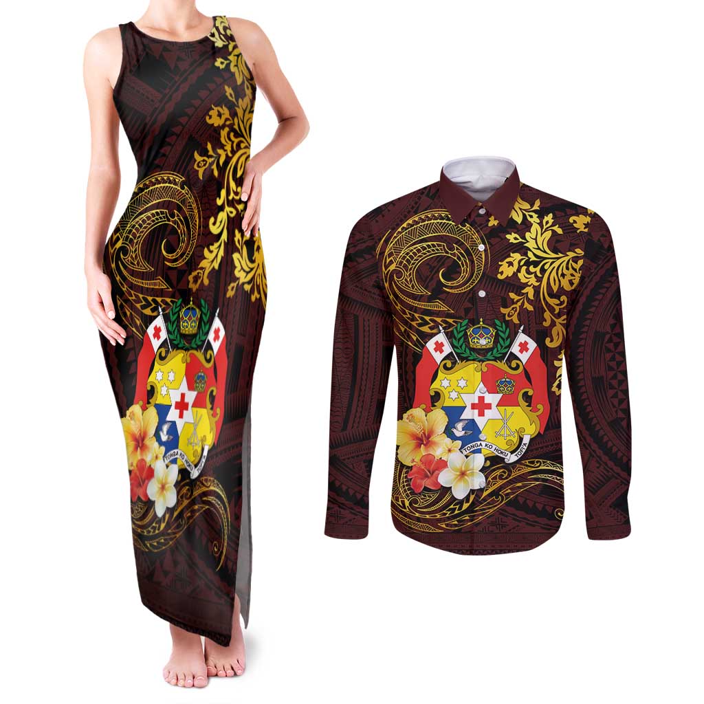 Tonga Ngatu and Hibiscus with Polynesian Tattoo Couples Matching Tank Maxi Dress and Long Sleeve Button Shirt Gold and Oxblood Color