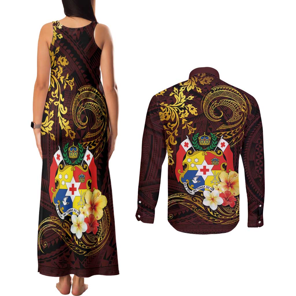 Tonga Ngatu and Hibiscus with Polynesian Tattoo Couples Matching Tank Maxi Dress and Long Sleeve Button Shirt Gold and Oxblood Color LT03 - Polynesian Pride