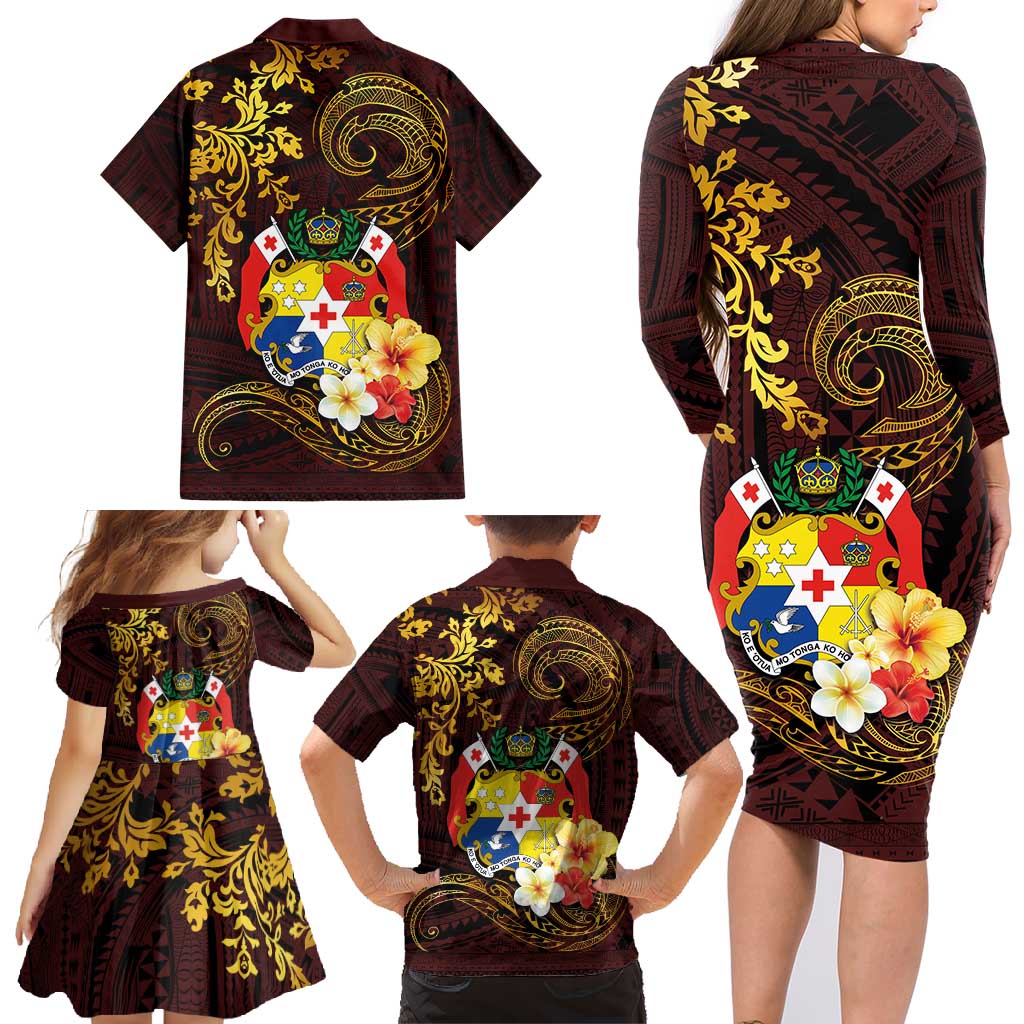 Tonga Ngatu and Hibiscus with Polynesian Tattoo Family Matching Long Sleeve Bodycon Dress and Hawaiian Shirt Gold and Oxblood Color LT03 - Polynesian Pride