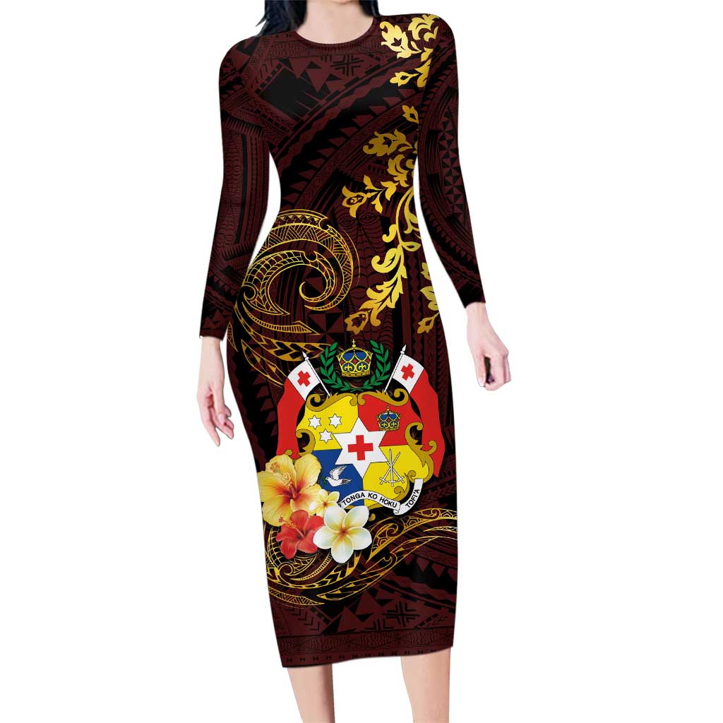 Tonga Ngatu and Hibiscus with Polynesian Tattoo Family Matching Long Sleeve Bodycon Dress and Hawaiian Shirt Gold and Oxblood Color LT03 Mom's Dress Oxblood - Polynesian Pride