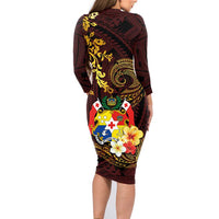 Tonga Ngatu and Hibiscus with Polynesian Tattoo Family Matching Long Sleeve Bodycon Dress and Hawaiian Shirt Gold and Oxblood Color LT03 - Polynesian Pride