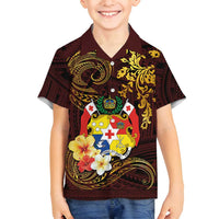 Tonga Ngatu and Hibiscus with Polynesian Tattoo Family Matching Long Sleeve Bodycon Dress and Hawaiian Shirt Gold and Oxblood Color LT03 Son's Shirt Oxblood - Polynesian Pride