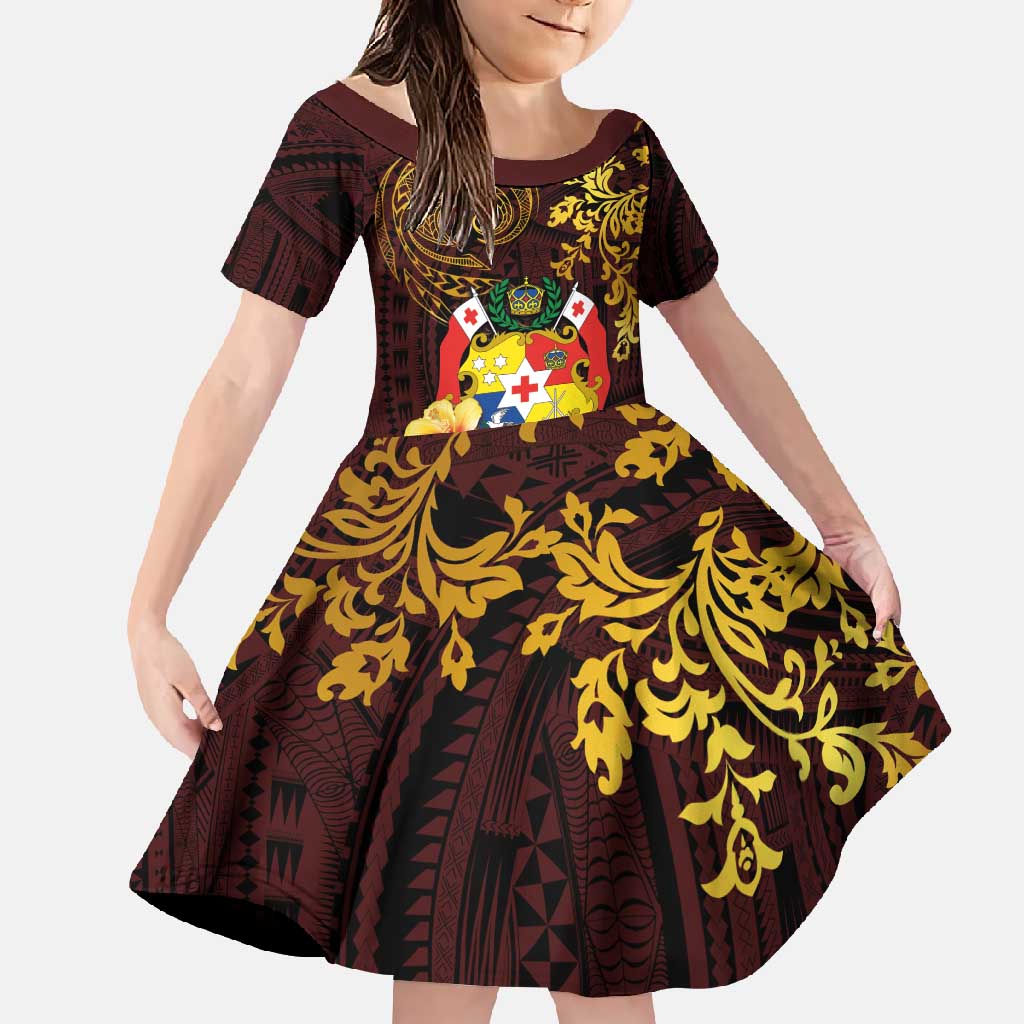 Tonga Ngatu and Hibiscus with Polynesian Tattoo Family Matching Mermaid Dress and Hawaiian Shirt Gold and Oxblood Color LT03 Daughter's Dress Oxblood - Polynesian Pride