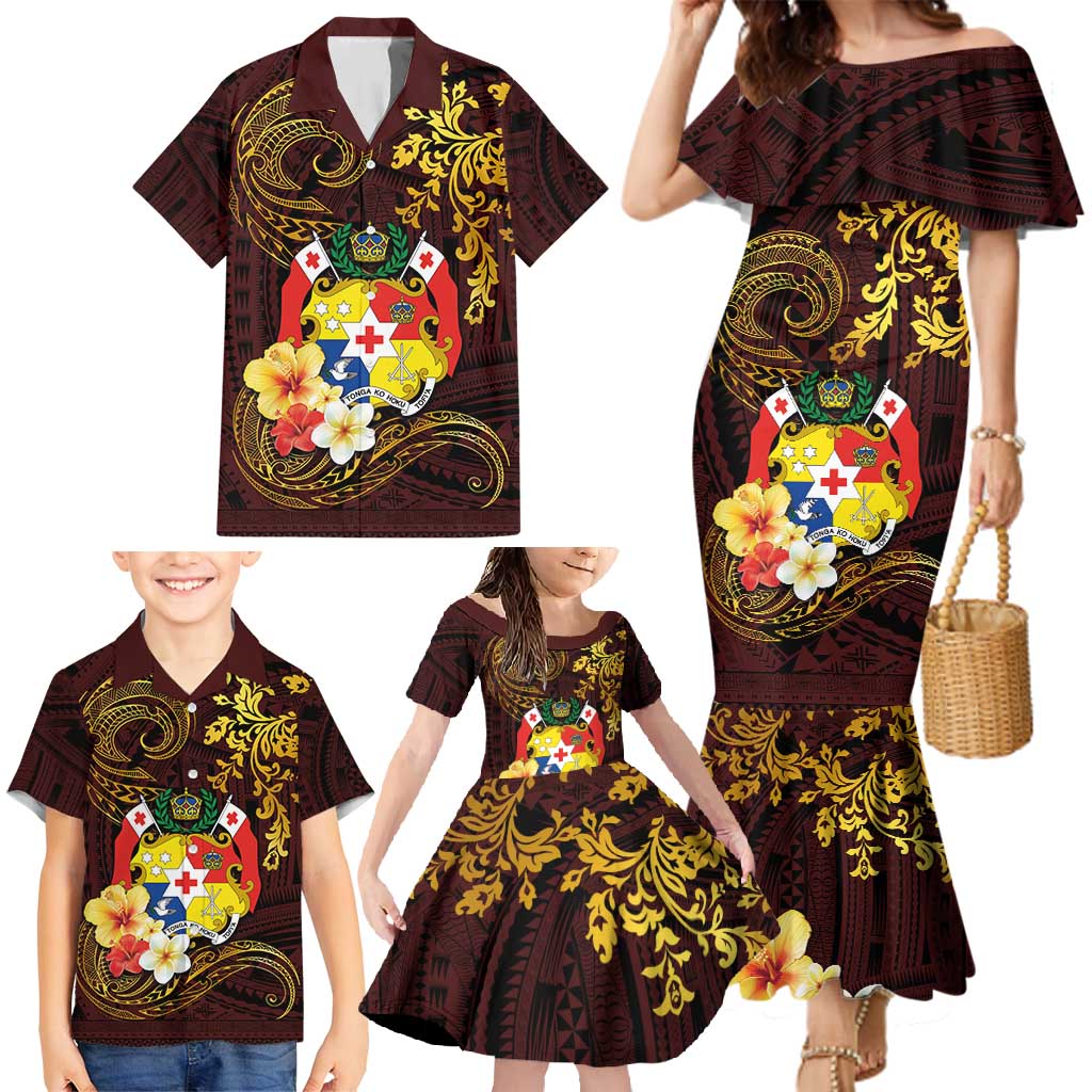 Tonga Ngatu and Hibiscus with Polynesian Tattoo Family Matching Mermaid Dress and Hawaiian Shirt Gold and Oxblood Color LT03 - Polynesian Pride