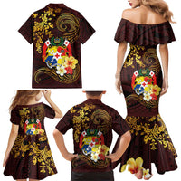 Tonga Ngatu and Hibiscus with Polynesian Tattoo Family Matching Mermaid Dress and Hawaiian Shirt Gold and Oxblood Color LT03 - Polynesian Pride