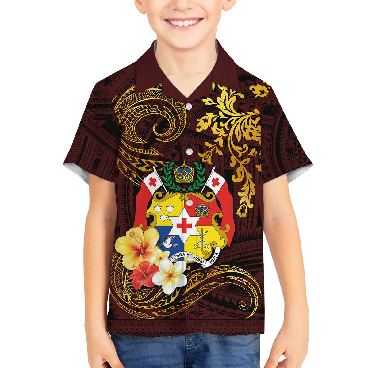 Tonga Ngatu and Hibiscus with Polynesian Tattoo Family Matching Off The Shoulder Long Sleeve Dress and Hawaiian Shirt Gold and Oxblood Color