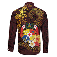 Tonga Ngatu and Hibiscus with Polynesian Tattoo Family Matching Off Shoulder Maxi Dress and Hawaiian Shirt Gold and Oxblood Color