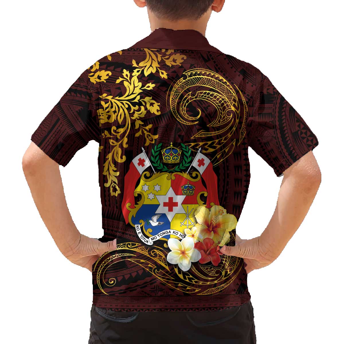 Tonga Ngatu and Hibiscus with Polynesian Tattoo Family Matching Puletasi and Hawaiian Shirt Gold and Oxblood Color LT03 - Polynesian Pride