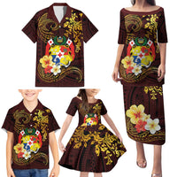 Tonga Ngatu and Hibiscus with Polynesian Tattoo Family Matching Puletasi and Hawaiian Shirt Gold and Oxblood Color LT03 - Polynesian Pride