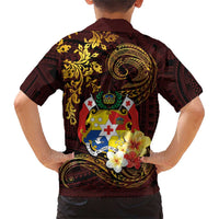 Tonga Ngatu and Hibiscus with Polynesian Tattoo Family Matching Short Sleeve Bodycon Dress and Hawaiian Shirt Gold and Oxblood Color LT03 - Polynesian Pride