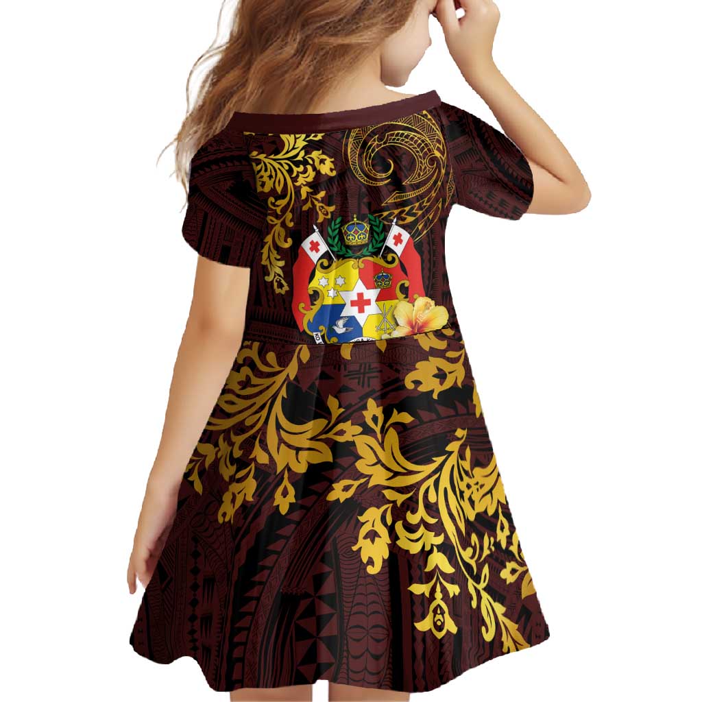 Tonga Ngatu and Hibiscus with Polynesian Tattoo Family Matching Short Sleeve Bodycon Dress and Hawaiian Shirt Gold and Oxblood Color LT03 - Polynesian Pride
