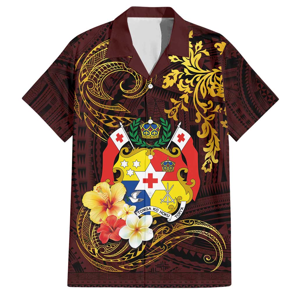 Tonga Ngatu and Hibiscus with Polynesian Tattoo Family Matching Short Sleeve Bodycon Dress and Hawaiian Shirt Gold and Oxblood Color LT03 Dad's Shirt - Short Sleeve Oxblood - Polynesian Pride