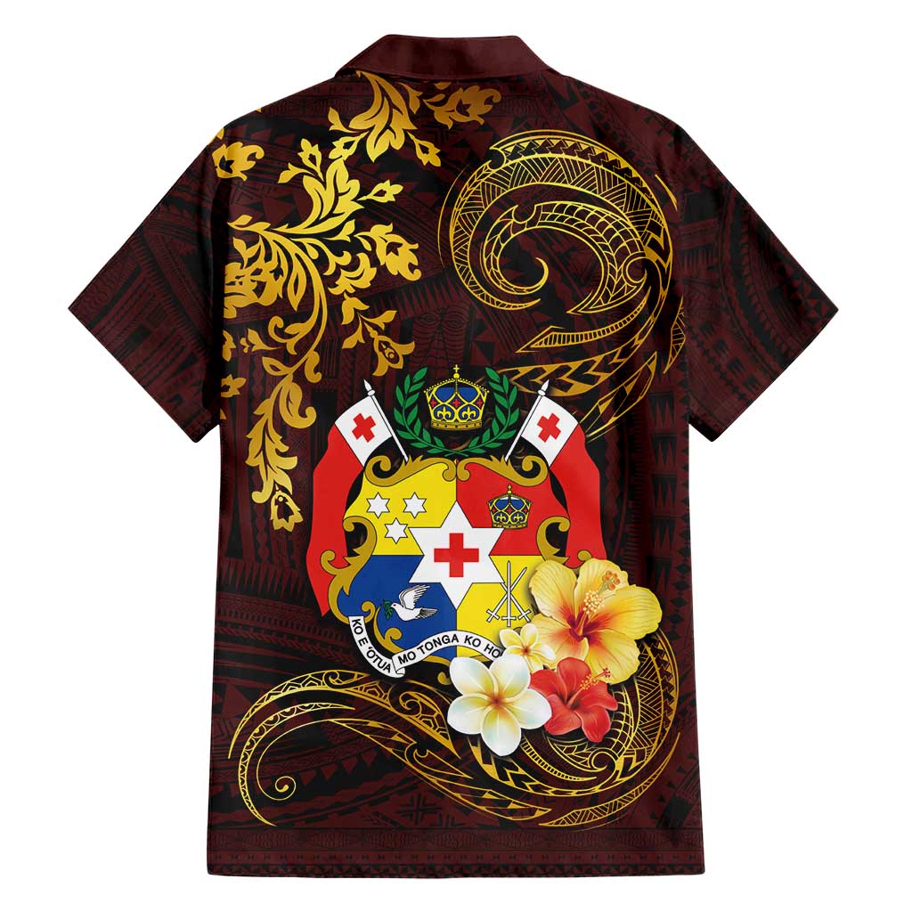 Tonga Ngatu and Hibiscus with Polynesian Tattoo Family Matching Short Sleeve Bodycon Dress and Hawaiian Shirt Gold and Oxblood Color LT03 - Polynesian Pride