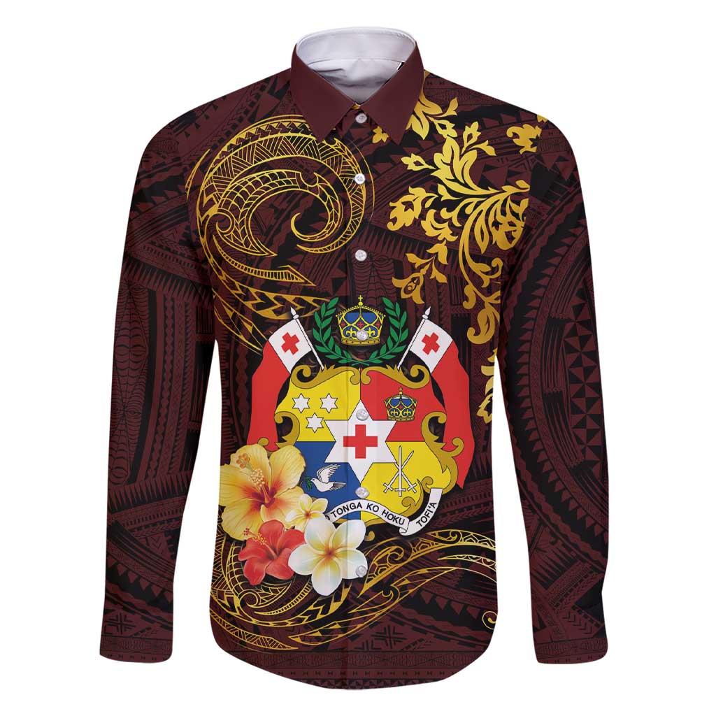 Tonga Ngatu and Hibiscus with Polynesian Tattoo Family Matching Short Sleeve Bodycon Dress and Hawaiian Shirt Gold and Oxblood Color LT03 Dad's Shirt - Long Sleeve Oxblood - Polynesian Pride