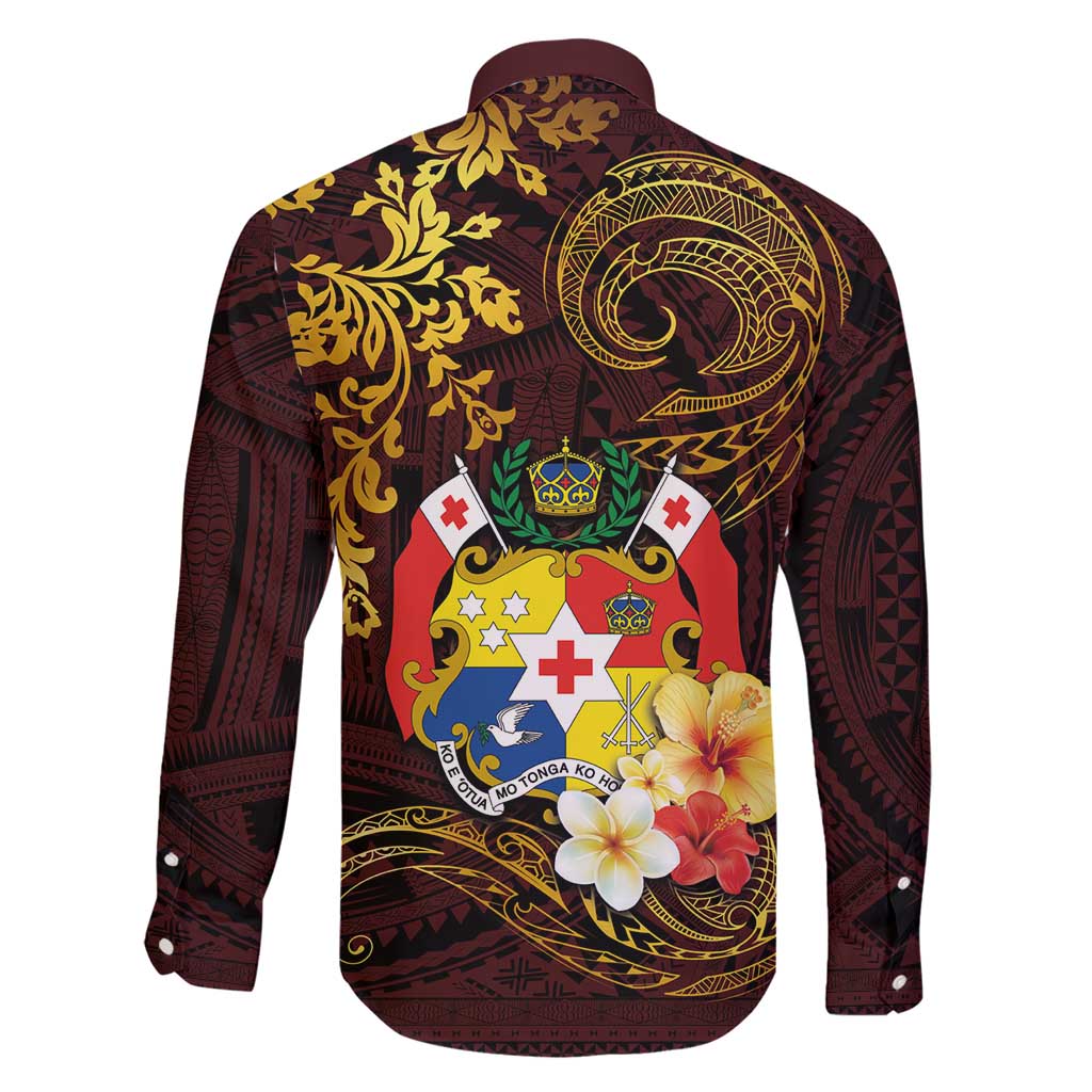 Tonga Ngatu and Hibiscus with Polynesian Tattoo Family Matching Short Sleeve Bodycon Dress and Hawaiian Shirt Gold and Oxblood Color LT03 - Polynesian Pride