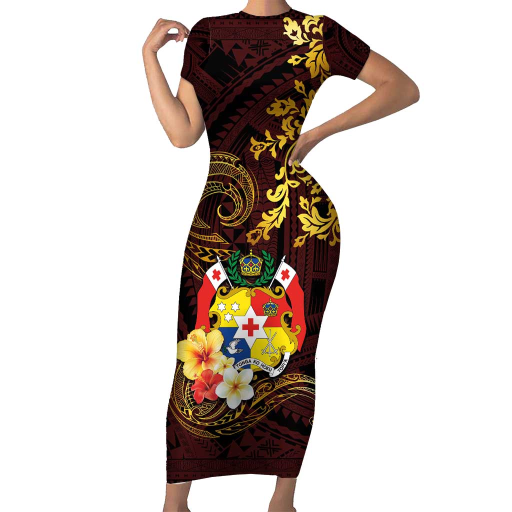 Tonga Ngatu and Hibiscus with Polynesian Tattoo Family Matching Short Sleeve Bodycon Dress and Hawaiian Shirt Gold and Oxblood Color LT03 Mom's Dress Oxblood - Polynesian Pride