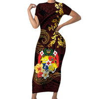 Tonga Ngatu and Hibiscus with Polynesian Tattoo Family Matching Short Sleeve Bodycon Dress and Hawaiian Shirt Gold and Oxblood Color LT03 Mom's Dress Oxblood - Polynesian Pride