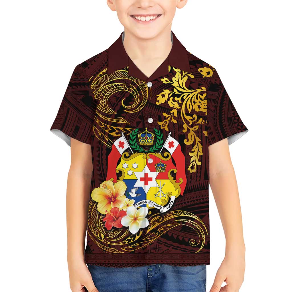 Tonga Ngatu and Hibiscus with Polynesian Tattoo Family Matching Short Sleeve Bodycon Dress and Hawaiian Shirt Gold and Oxblood Color LT03 Son's Shirt Oxblood - Polynesian Pride