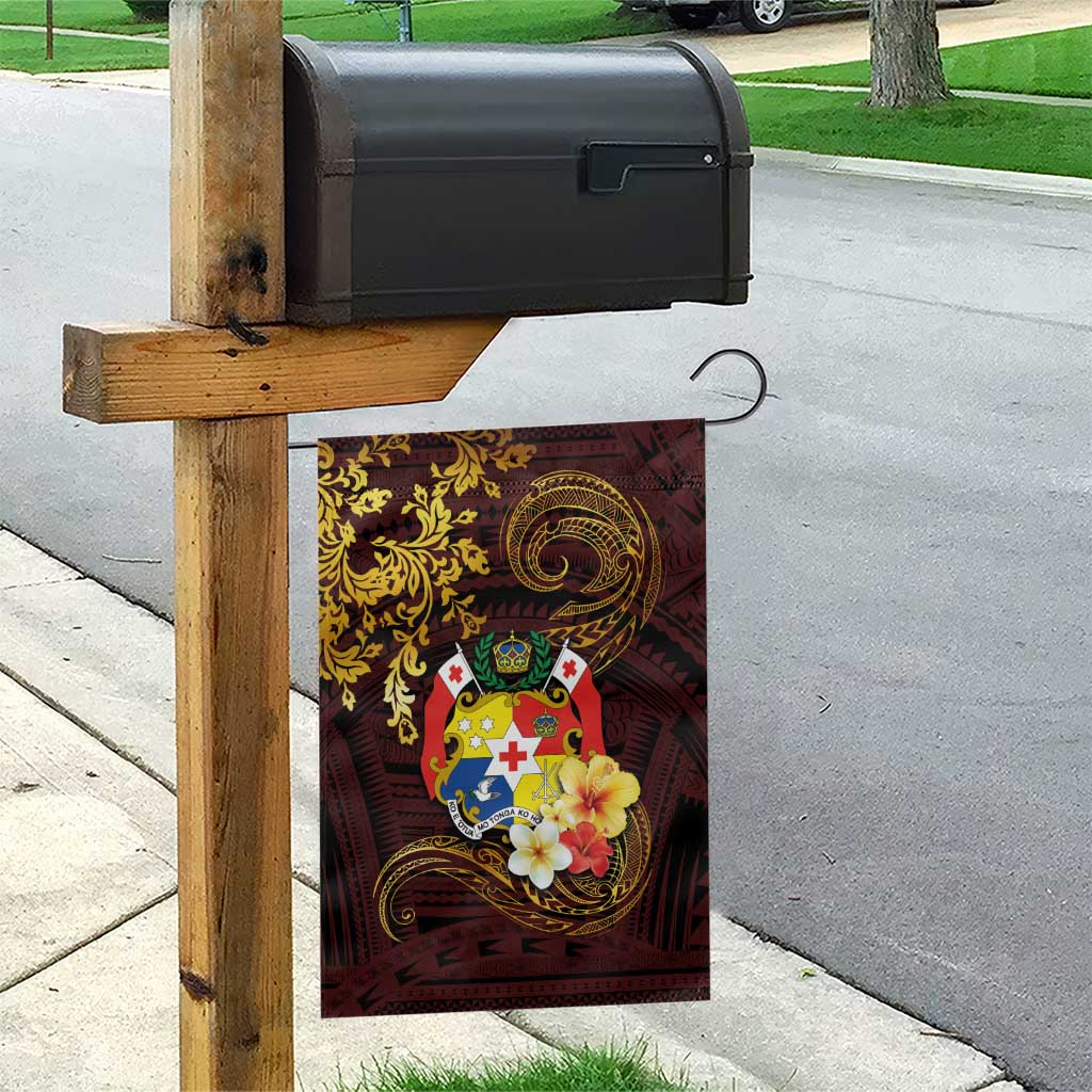 Tonga Ngatu and Hibiscus with Polynesian Tattoo Garden Flag Gold and Oxblood Color