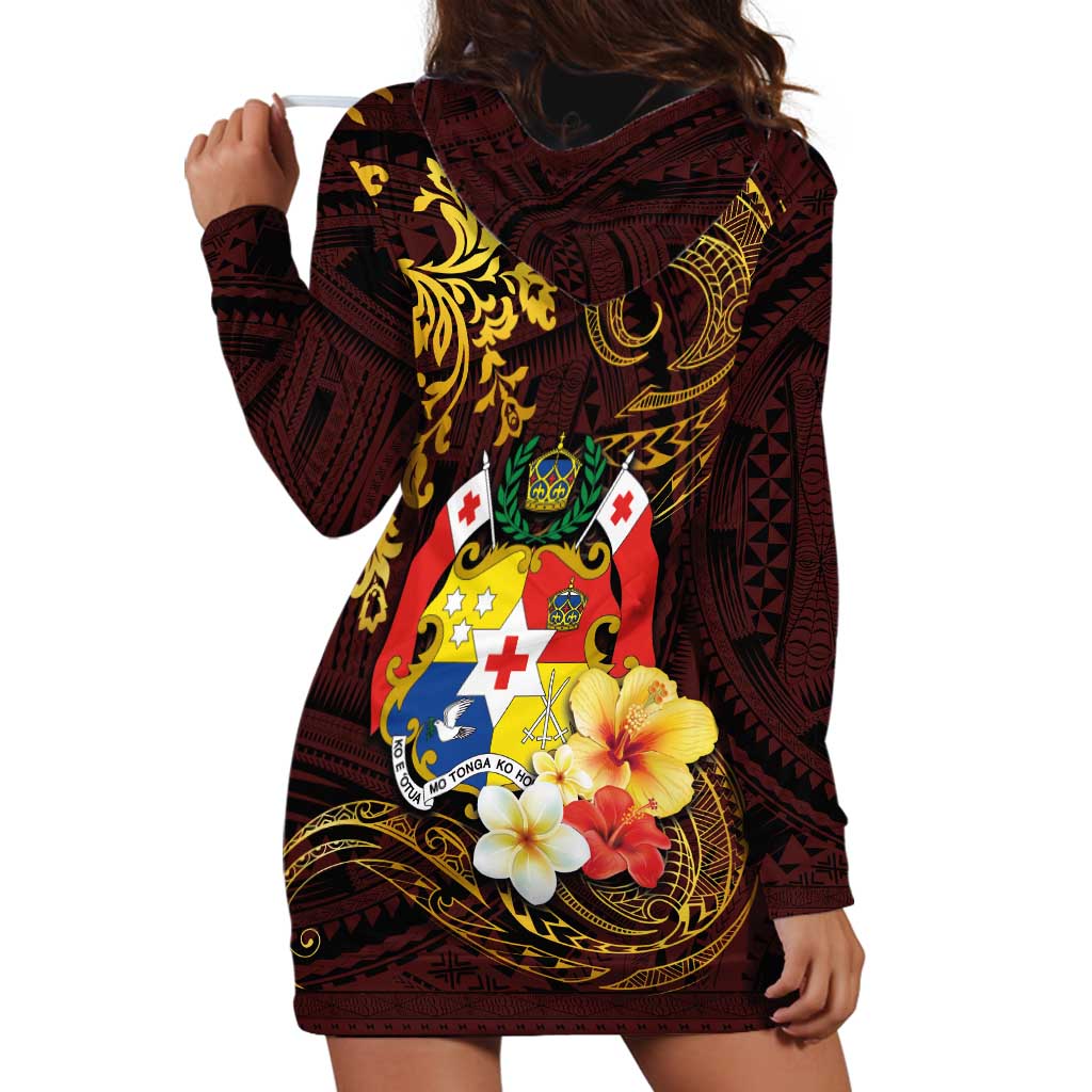 Tonga Ngatu and Hibiscus with Polynesian Tattoo Hoodie Dress Gold and Oxblood Color LT03 - Polynesian Pride