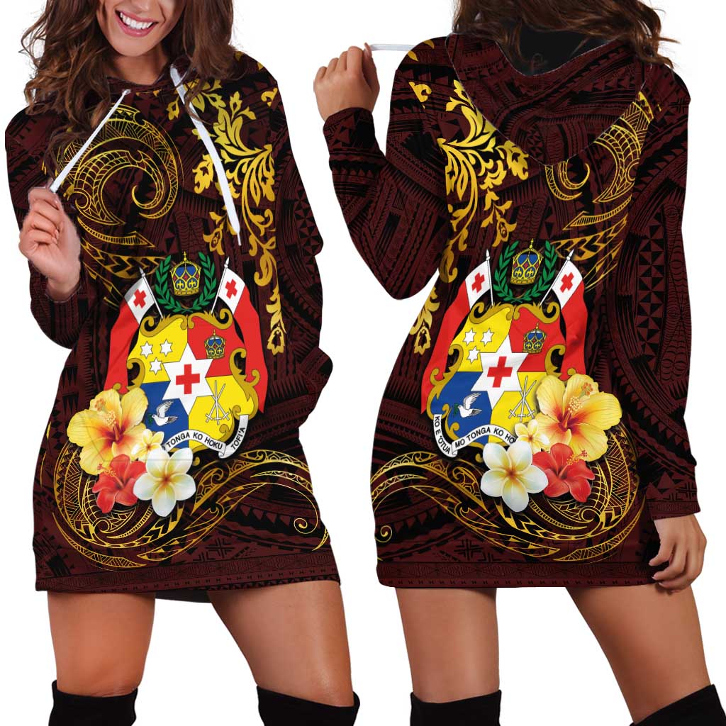 Tonga Ngatu and Hibiscus with Polynesian Tattoo Hoodie Dress Gold and Oxblood Color LT03 - Polynesian Pride