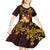 Tonga Ngatu and Hibiscus with Polynesian Tattoo Kid Short Sleeve Dress Gold and Oxblood Color