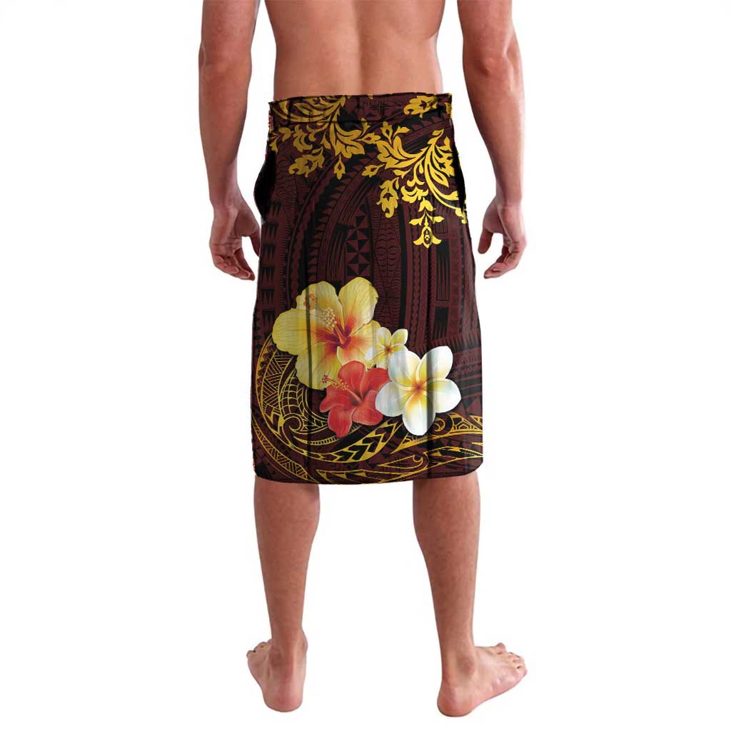 Tonga Ngatu and Hibiscus with Polynesian Tattoo Lavalava Gold and Oxblood Color