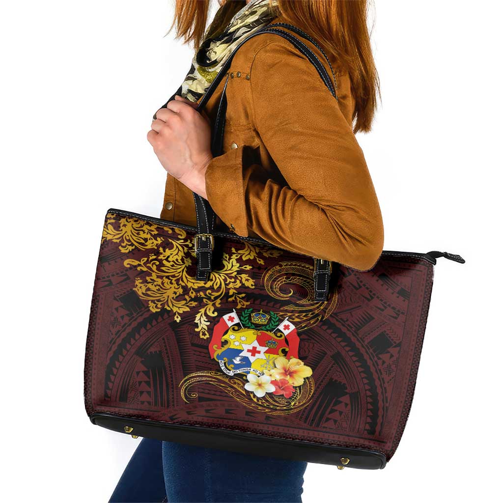 Tonga Ngatu and Hibiscus with Polynesian Tattoo Leather Tote Bag Gold and Oxblood Color