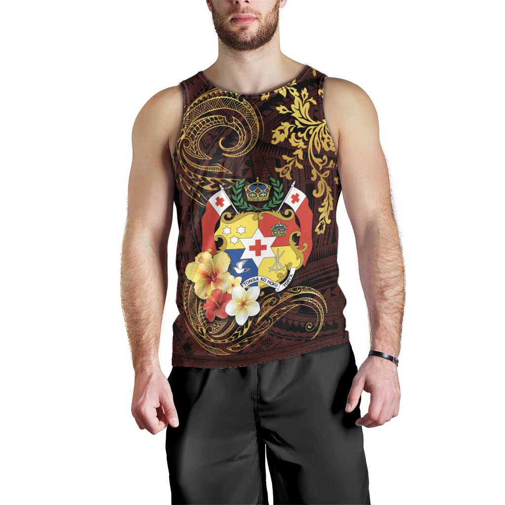Tonga Ngatu and Hibiscus with Polynesian Tattoo Men Tank Top Gold and Oxblood Color