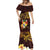 Tonga Ngatu and Hibiscus with Polynesian Tattoo Mermaid Dress Gold and Oxblood Color