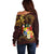 Tonga Ngatu and Hibiscus with Polynesian Tattoo Off Shoulder Sweater Gold and Oxblood Color